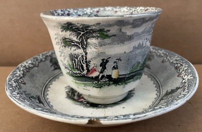 Jenny Lind MULBERRY Polychrome Transferware STAFFORDSHIRE Handleless Cup Saucer