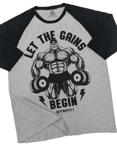 031. RAGLAN Let The Gains Begin lustiges Training Gym T-Shirt für Männer - Bild 1 von 6