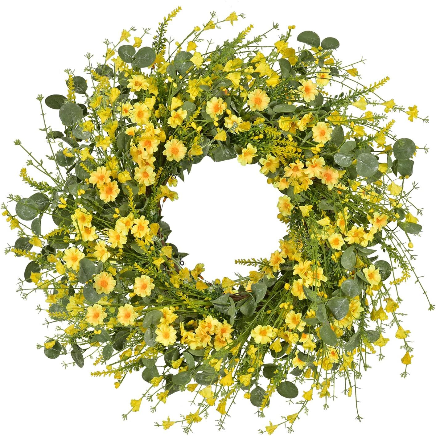 LSKYTOP 24-Inch Artificial Daisy and Eucalyptus Wreath