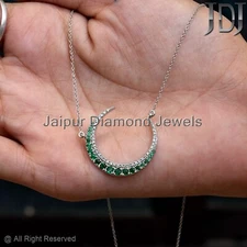 Natural Emerald Gemstone Diamond 14K White Gold Moon Cresent Chain Necklace