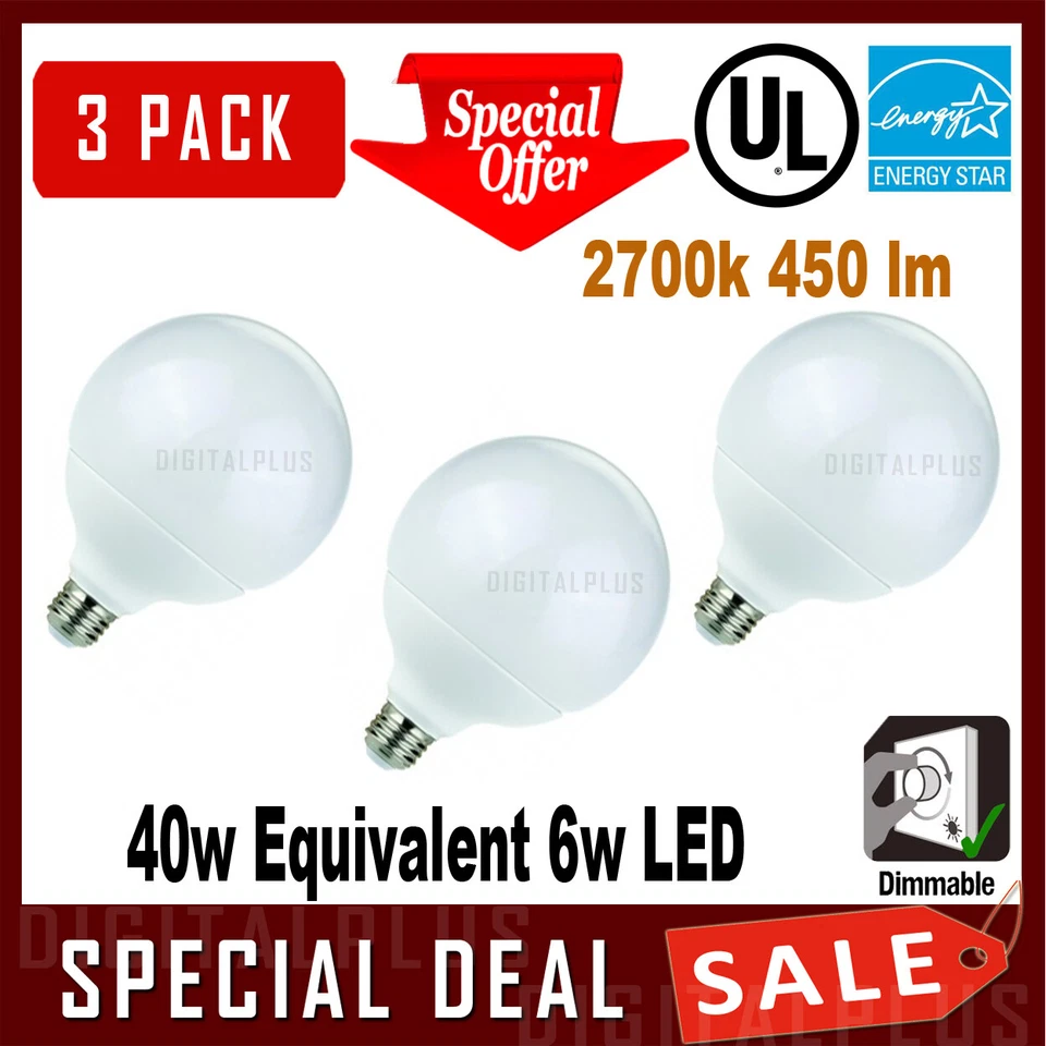 3pcs Vanity G25 6W Led Bulb Globe Light Dimmable 40W Equivalent 2700k Warm White - Image 3 of 3