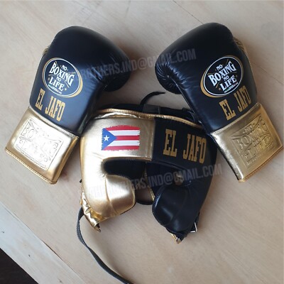 Custom Made Sparring Boxing Set Gloves Head Guard Any Logo or Name Black  Gold
