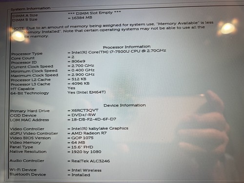 Dell Inspiron 5567 Intel Core i7-7500U@2.70GHz 16GB RAM 1TB HDD Win 11 - Picture 19 of 20