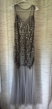 Silver Sequin Evening Gown Prom Dress Tulle Skirt Beaded Details NWT