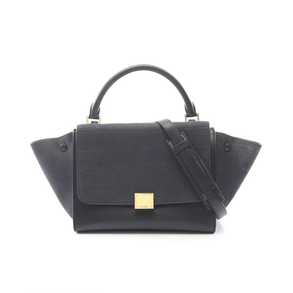 Celine Trapeze Bag | Black Croc-Embossed & Dark Navy Suede