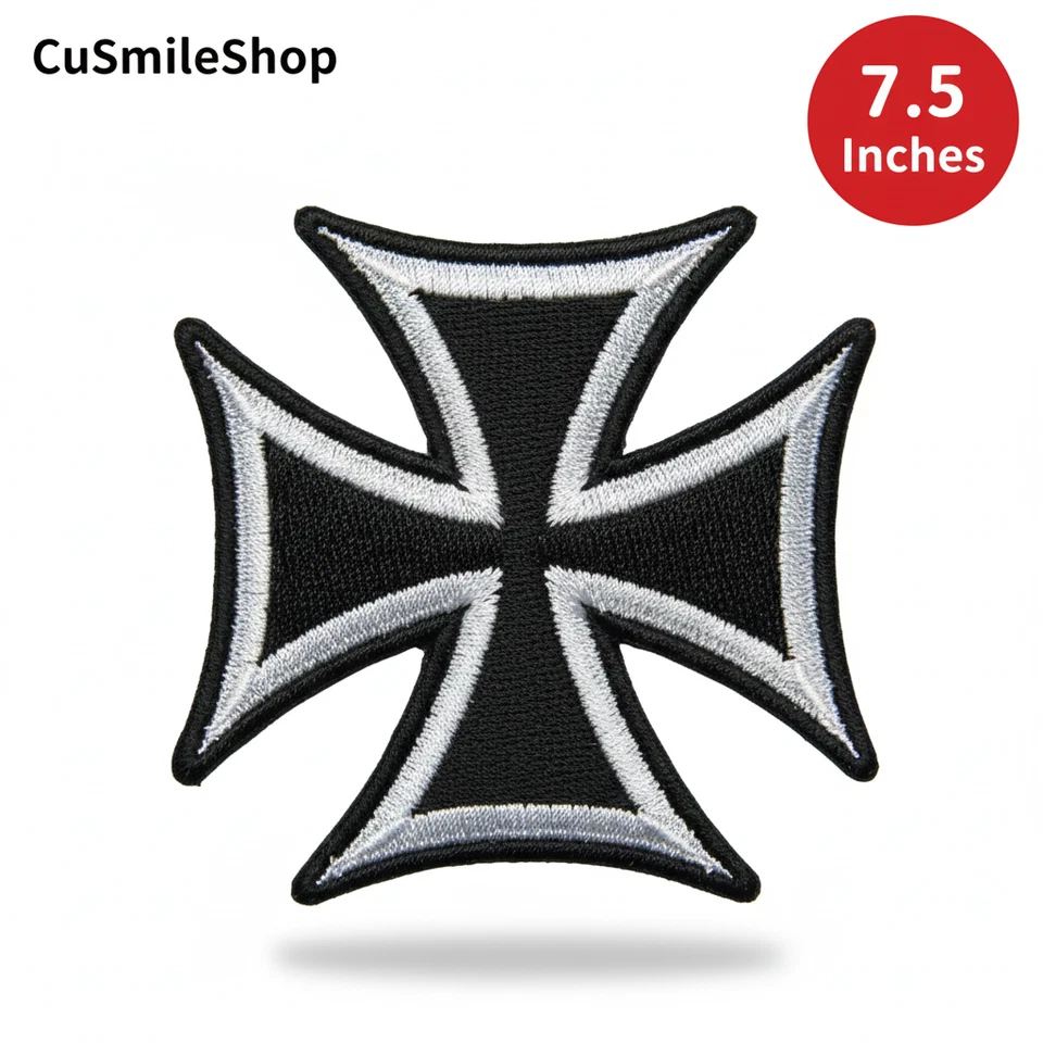 Large 7.5 Inch Maltese Iron Cross Embroidered Patch Biker Vest Jacket Accessory - Image 3 of 4