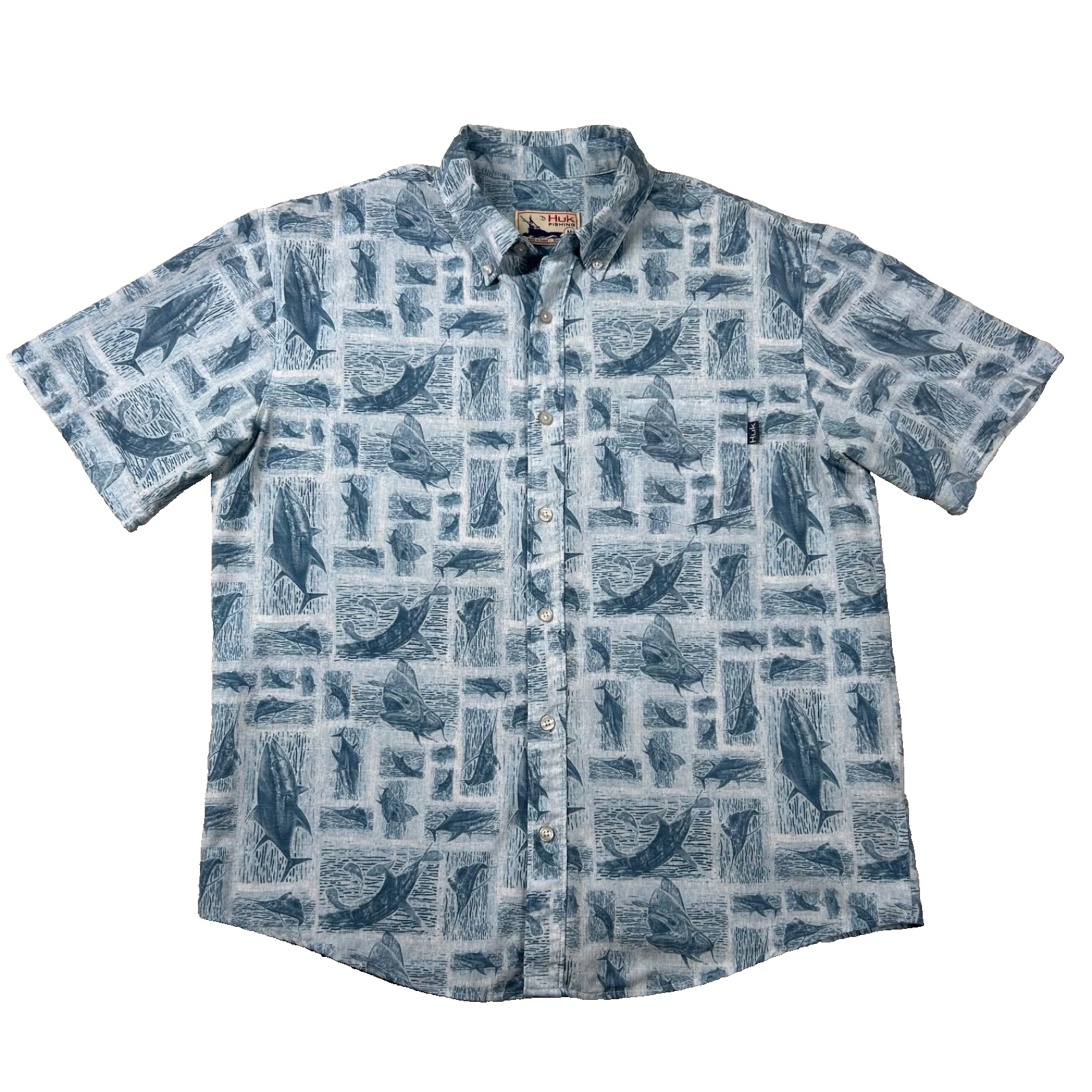 Huk Shirt Mens M Button Down All Over Print Camp Fishing Tuna Performance Beach