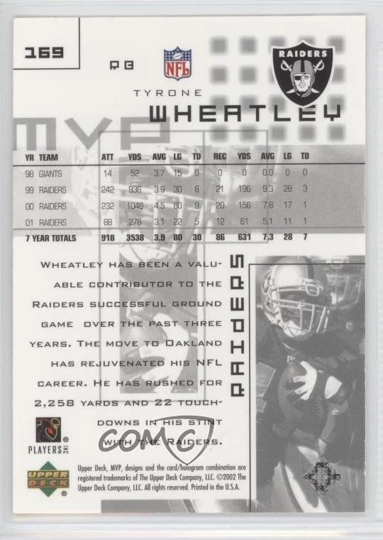 2002 Upper Deck MVP Silver /100 Tyrone Wheatley #169 - Image 2 of 2
