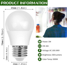 LED Refrigerator Light Bulb, 40W Equivalent A15 Led Bulb, 5W Daylight 5000K E...