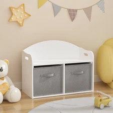 Wooden Bench with Foldable Fabric Drawers Toy Storage Cabinet Organizer