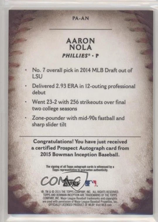 2015 Bowman Inception Prospect Auto Blue /150 Aaron Nola #PA-AN Auto - Image 2 of 2