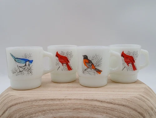 Vtg Fire King Anchor Hocking Bird Milk Glass Mugs Collectible Drinkware  4pc