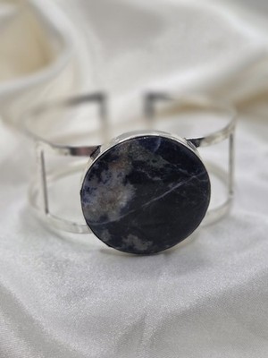 Sterling Silver And Sodalite Cabochon Bracelet Modern & Simplistic Adjustable 7''