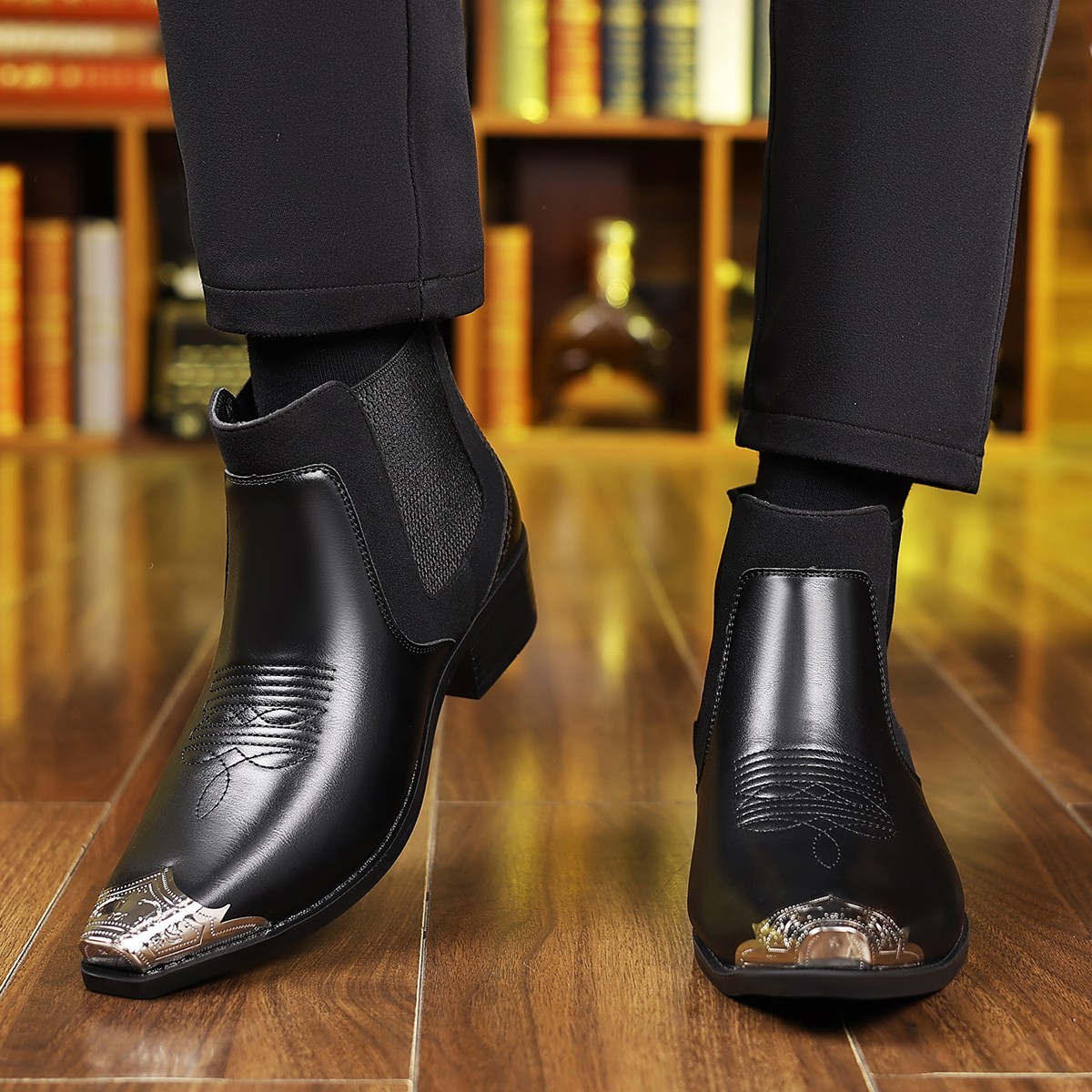 Men's Chelsea Boots Elastic Side Ankle Boots Metal Toe Cap Dress Boots for Daily