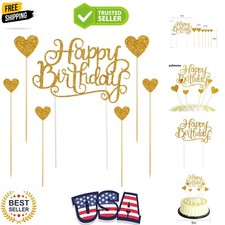 Happy Birthday Cake Toppers Gold glitter letters"happy birthday"and love star...