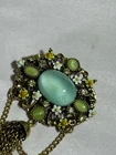 Vintage Stone Jewels Floral Green Blue Gold Tone Brooch Pin Jewelry Costume