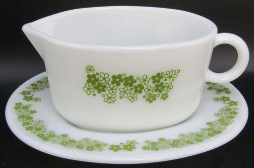Vintage Pyrex Crazy Daisy Milk Glass Gravy Boat and Saucer.