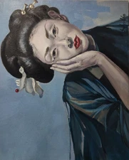 Original oil painting, Old fasion Japanese WOMAN portrait, Art, Figurative, Blue