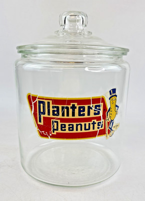 Vintage Planters Peanut Glass Counter Jar with Mr. Peanut Decal 10'' Tall