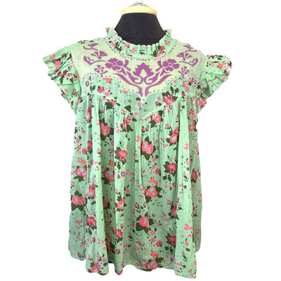 NEW Oh My Stars Layrz Clothing Peasant Top Green Pink Embroidery Flutter Sleeve