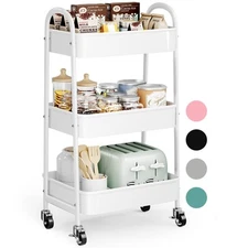 3 Tier Rolling Cart Metal with Wheels, White Three Tiered Craft Cart Organize...