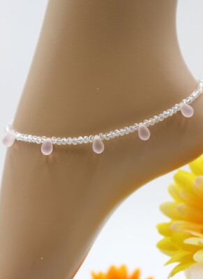 Xxl Anklet Stainless Steel Silver Beads Pink Drop #JA056