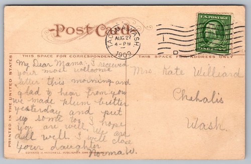 Postcard: Mt. Tacoma, From Tacoma, Washington, Edward H. Mitchell, Posted 1909 - Picture 2 of 2