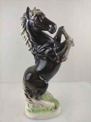 12.5'' Ceramic Country Western Black & White Horse Stallion Rearing Up Decor Farm