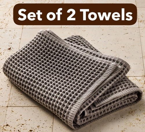 2 Casaluna Waffle Bath Towels Gray Cotton Turkey Textured Softness 30x56 NWT