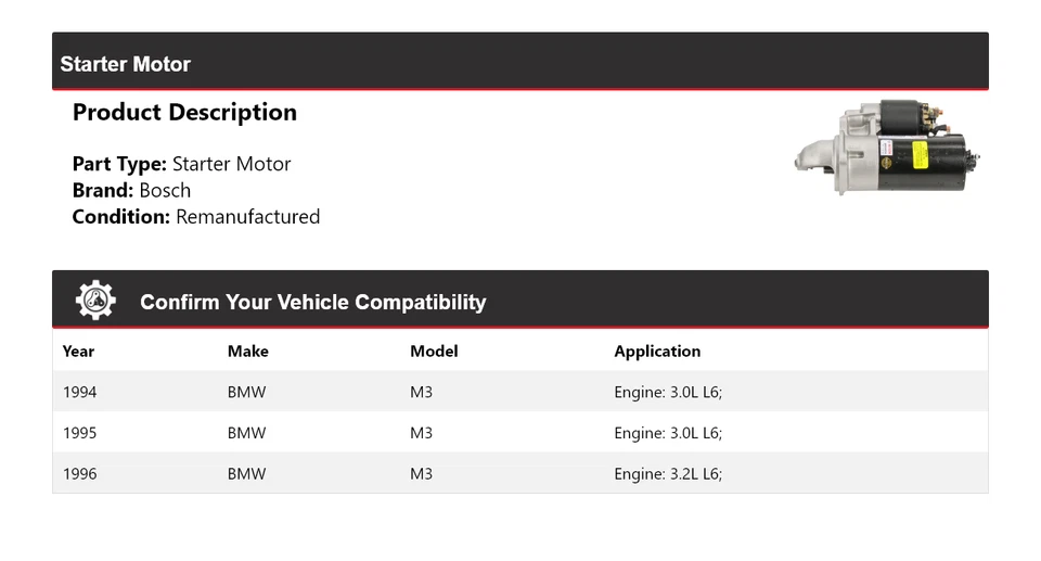 Стартер (восстановленный) 1995 для BMW M3 Bosch 1994-1996 годов выпуска - Изображение 2 из 4