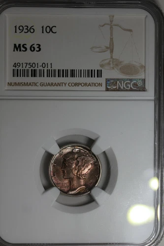 1936 NGC MS63   Mercury, Winged, Liberty Head Dime, 
