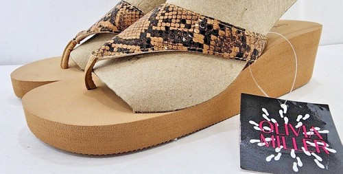 Olivia Miller Womens Thong wedge Sandals Shoes Size 7 & 10 Tan snakeskin NEW - Picture 2 of 7