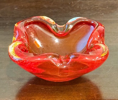 Vintage MCM Art Glass Dish Ashtray Bowl Orange Clear 4.5 x 4.5 x 2.5 Trinkets