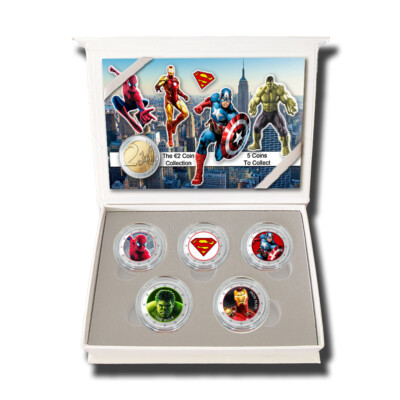 #ad 2 Euro Coloured Coin Box Set of 5 Superman Captain America Hulk Spider Man Iron $99.95