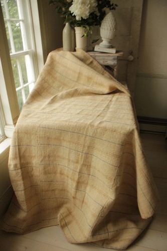 Tela de cáñamo lino a rayas pesadas tejido a mano en c1920 mantel antiguo 74X63 pulgadas - Imagen 6 de 11