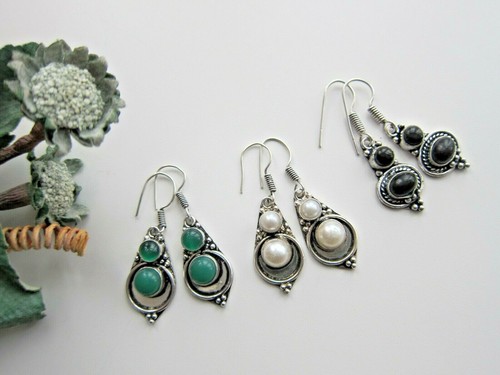 Silver Long Drop Earrings with Green, Black Onyx or other Gems. - Picture 2 of 23