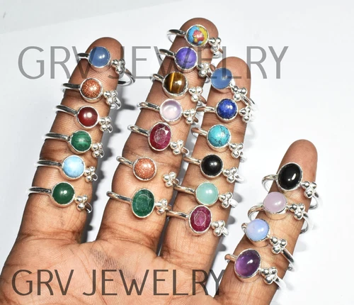 100pcs Adjustable Ring Mixed Gemstone Jewelry 925 Silver Plated Jewellery CH-1