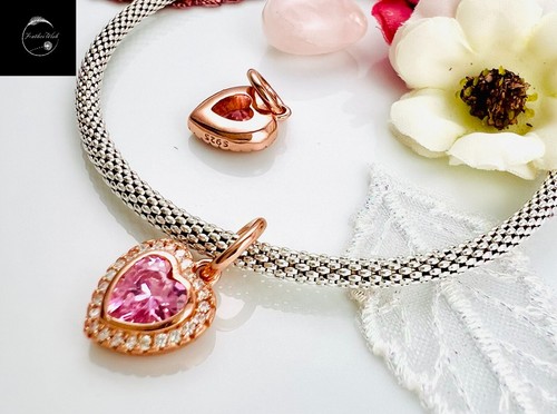 Rose Gold Love Heart Dangle Charm For Bracelets Genuine Sterling Silver 925 - Picture 15 of 16