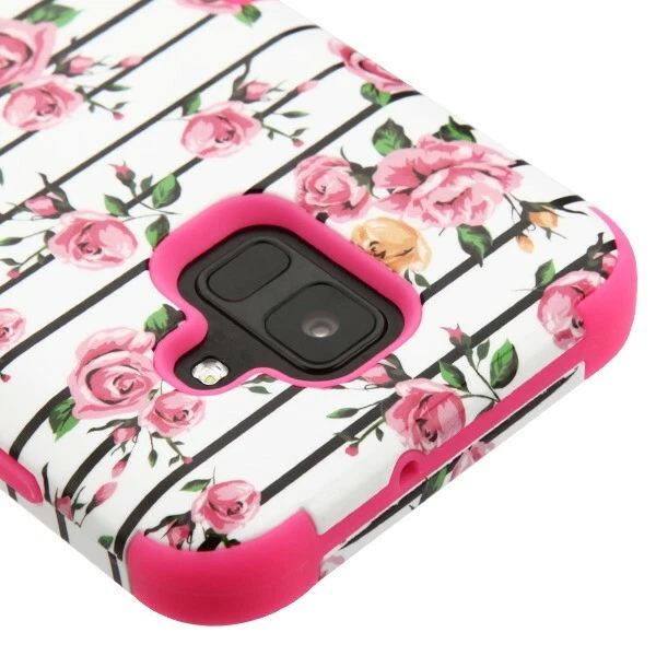 Para Samsung Galaxy A6 (2018) - Funda híbrida a prueba de golpes rosa rayas flores rosas Foto 3 de 4