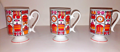 Lot of 3, 70s VTG mod geometric primary color kitchen graphics mug w/pedestal