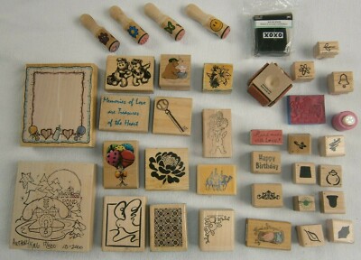 HUGE LOT RUBBER STAMPS WOOD BLOCK CHRISTMAS BEARS FLOWERS BABY BIRTHDAY BALLOONS