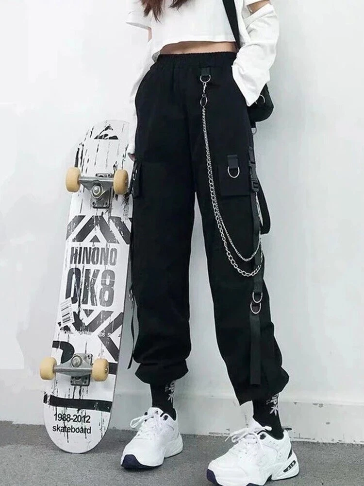 Women Fashion Pockets Jogger Trousers With Chain Harajuku Elastics High Waist