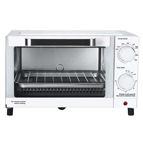 4 Slice Toaster Oven with 3 Settings, includes baking rack and pan, White