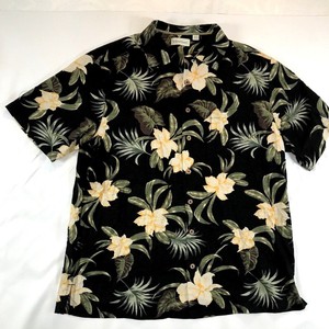 Caribbean Mens Hawaiian Camp Style Shirt Black Yellow Flowers