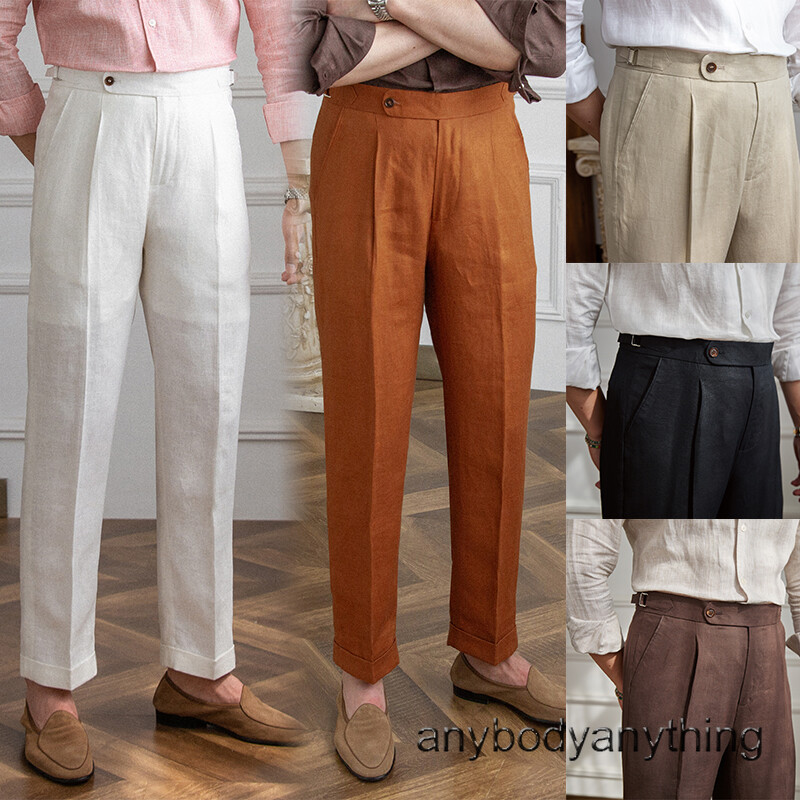 【Italy製】80〜90s linen slacks Italian Men 100% Linen Naples Trousers Pant High Waist Dress Pant
