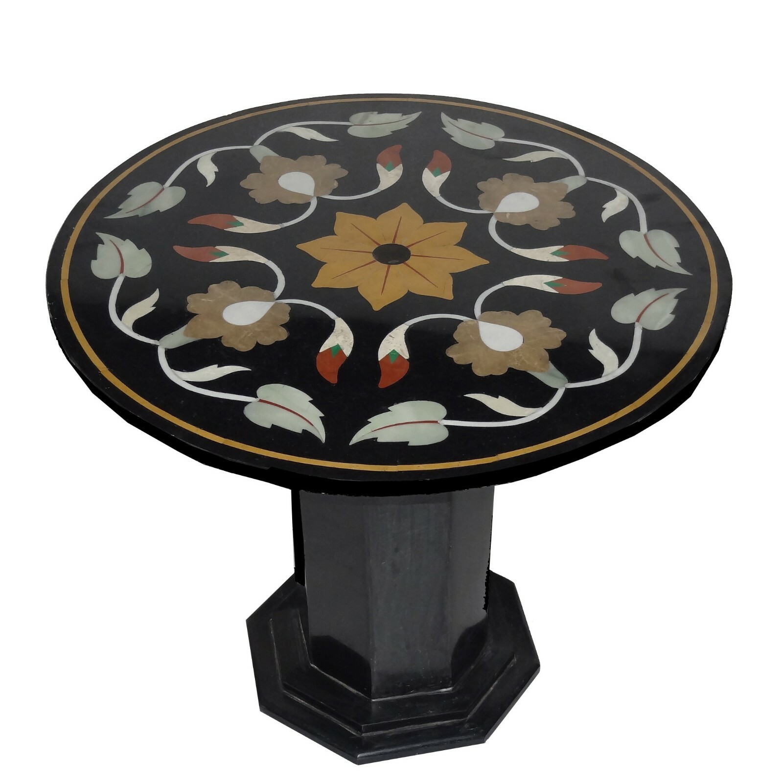 24-Inch Black Marble Coffee Table with Pietra Dura Stand for Elegant Home Decor