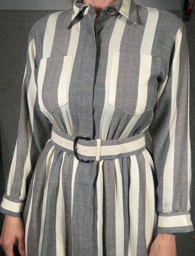 Vintage Charles Alan Dress Womens Striped Gray Size 8 Belted Pockets Fit Flare - Picture 21 of 21