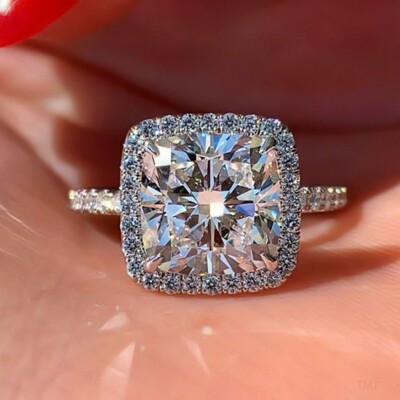 2.30 TCW Cushion Cut Moissanite Halo Engagement Ring In 14K White Gold Plated
