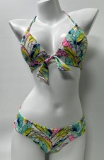 Victoria's Secret Swim Set 2 Piece Bikini Halter Palm Leaf Floral Ruched Sz M/L