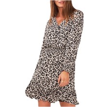 Vince Camuto Leopard Print Smocked Waist Long Sleeve Ruffle Hem Dress Size Small